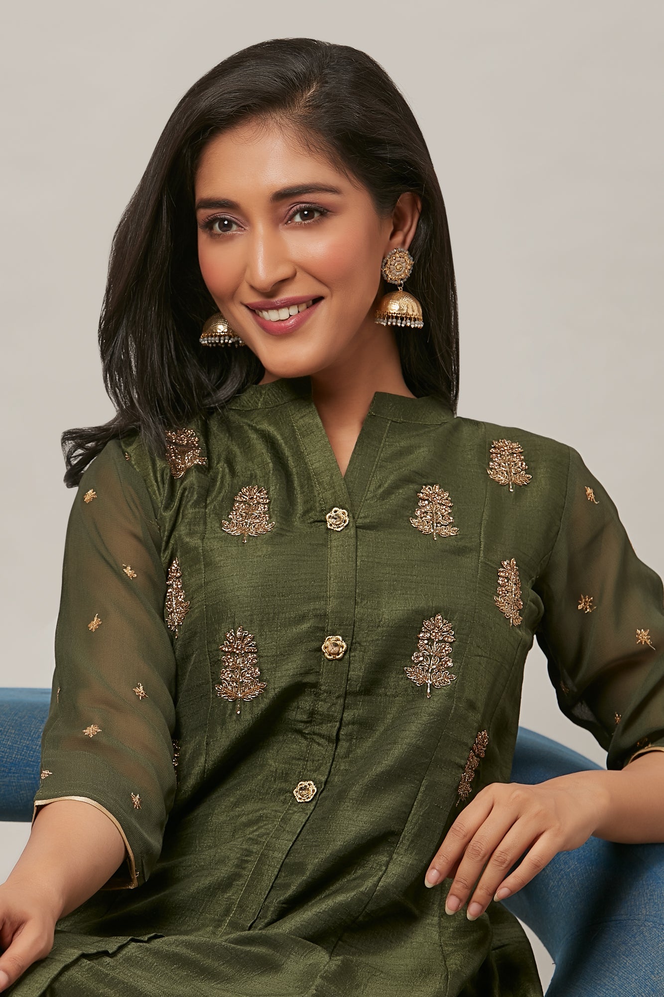 Buy Dark Olive Green Thread Work Georgette Readymade Salwar Suit Online